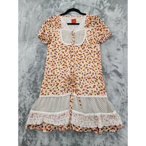 Deep or Shallow Square Print Lace Trim Mini Dress Size 1 Orange Brown Button Tie